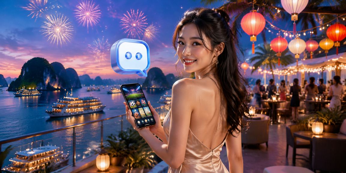 Cảnh vịnh Hạ Long với người chơi trải nghiệm casino trên điện thoại di động bên bờ biển