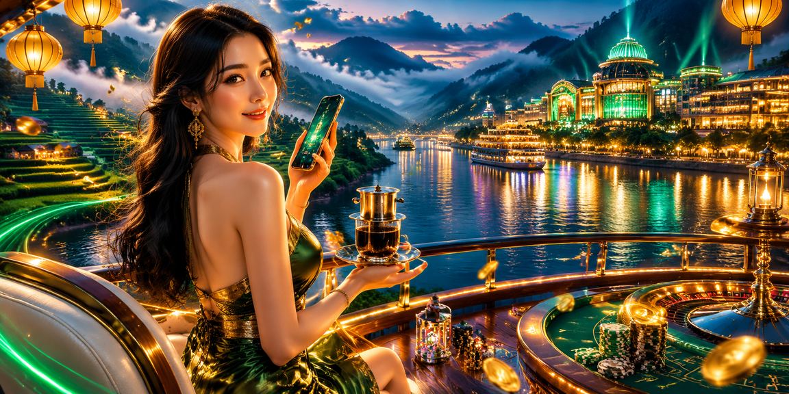 Người dùng trải nghiệm ứng dụng casino trên điện thoại tại vùng núi Sa Pa với ly cà phê